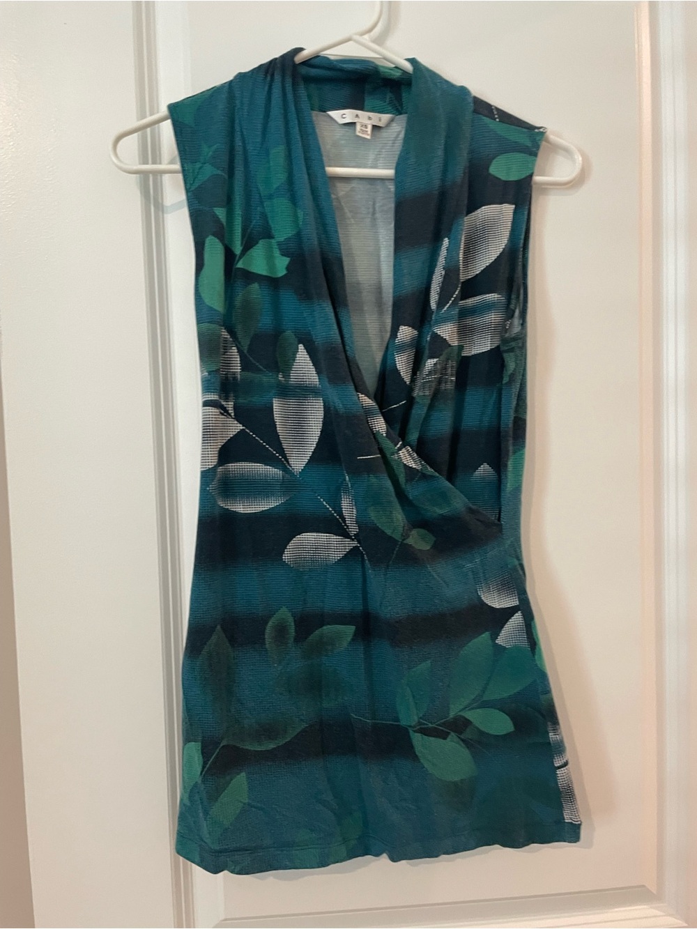 CAbi Teal & Navy Leaf-Pattern Sleeveless faux Wrap Top